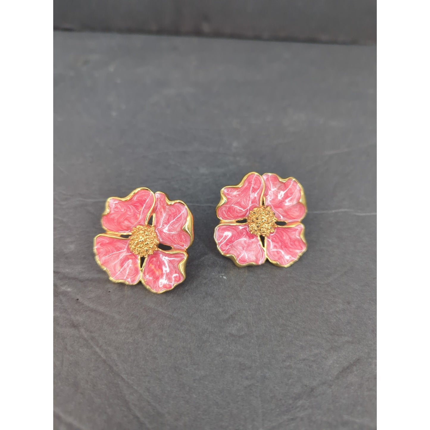 Vintage Pink Enamel Dogwood Flower Pierced Stud Earrings Retro Floral Jewelry