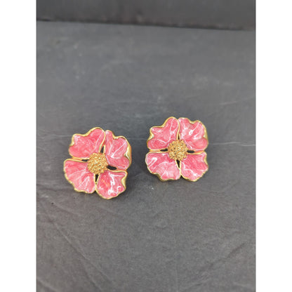 Vintage Pink Enamel Dogwood Flower Pierced Stud Earrings Retro Floral Jewelry