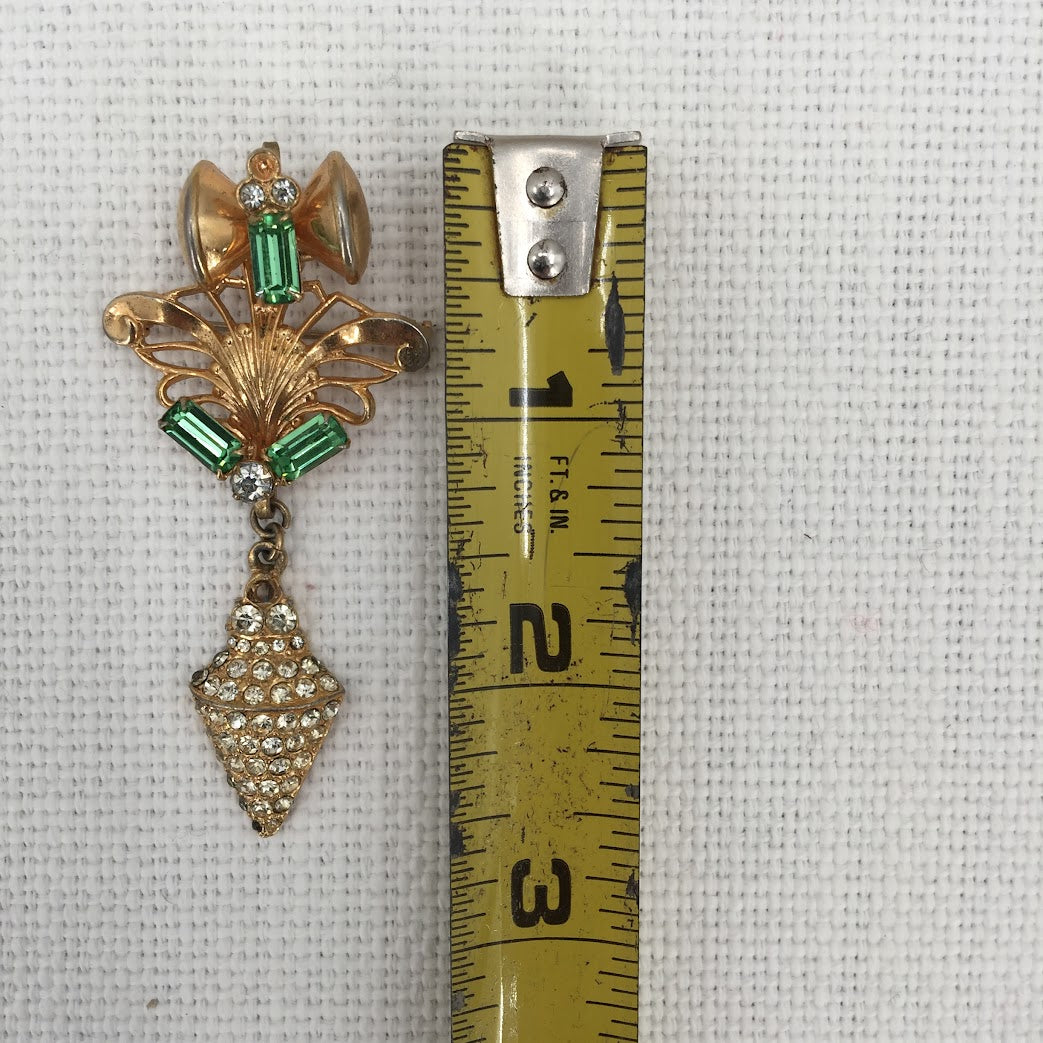 Matching art deco style brooch dangle screw back earrings goldtone faux emerald