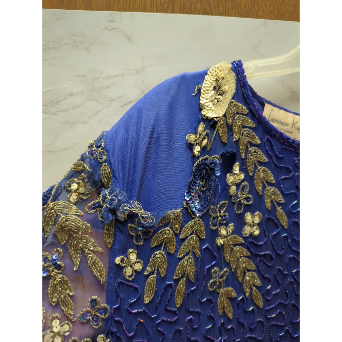 Vintage Laurence Kazar Silk Beaded Dress Royal Blue Sequin Flawed Repair 1X
