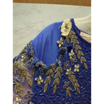 Vintage Laurence Kazar Silk Beaded Dress Royal Blue Sequin Flawed Repair 1X