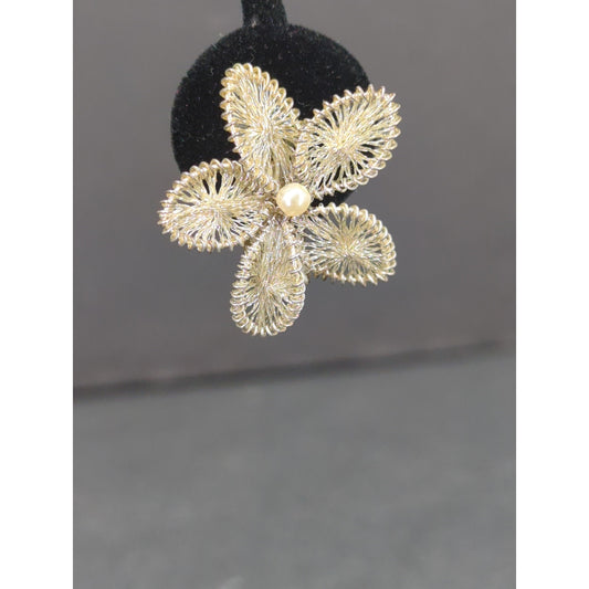 Vintage Gold Flower Clip On Earrings Mid-Century Open Work Textured Retro