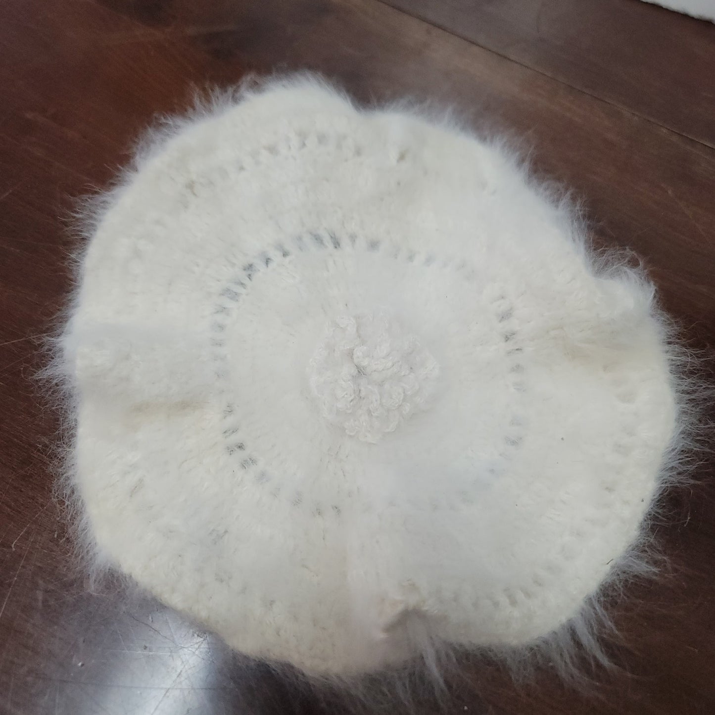 VINTAGE Angora beret fluffy cream hat floral detail on top luxurious one Size
