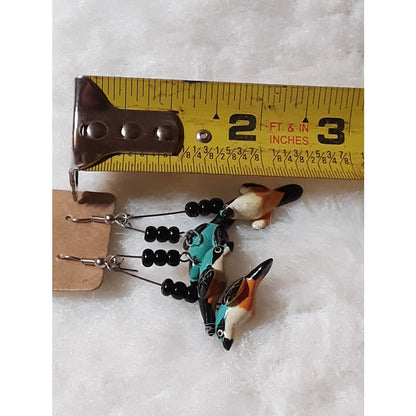 Artisan Orange Blue Bird HANDMADE Earrings Black Seed Beads Dangle  French wire