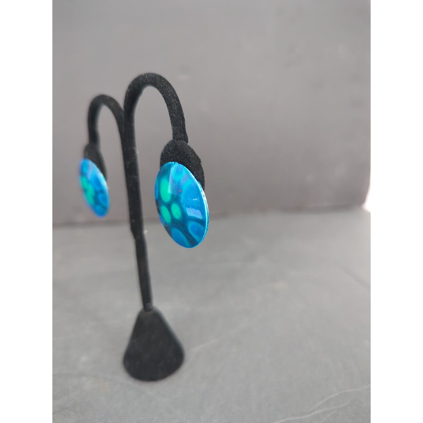 Vintage West Germany Hand Painted Enameled Metal Clip On Earrings Abstract BLUE