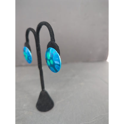 Vintage West Germany Hand Painted Enameled Metal Clip On Earrings Abstract BLUE