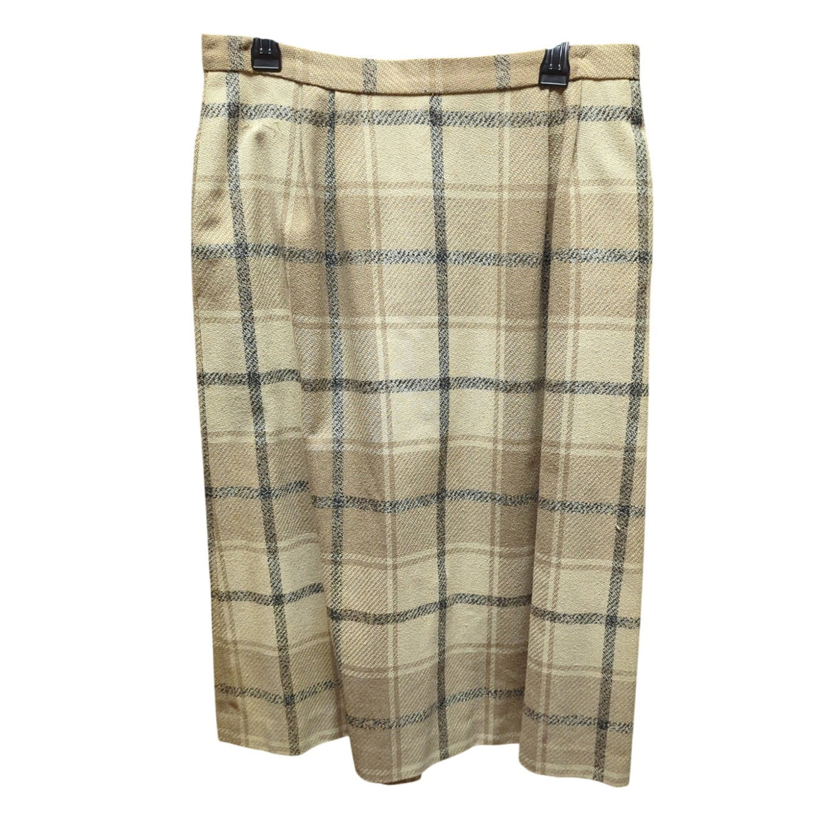 Vintage 70s Plaid Knee LengthSkirt Academia Beige Tartan Pleated Size Medium
