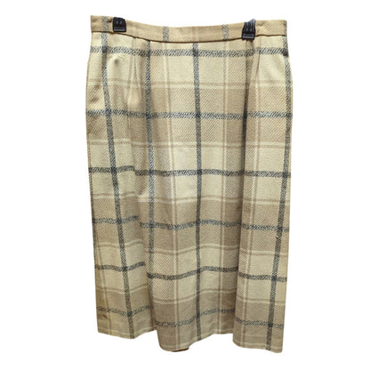 Vintage 70s Plaid Knee LengthSkirt Academia Beige Tartan Pleated Size Medium