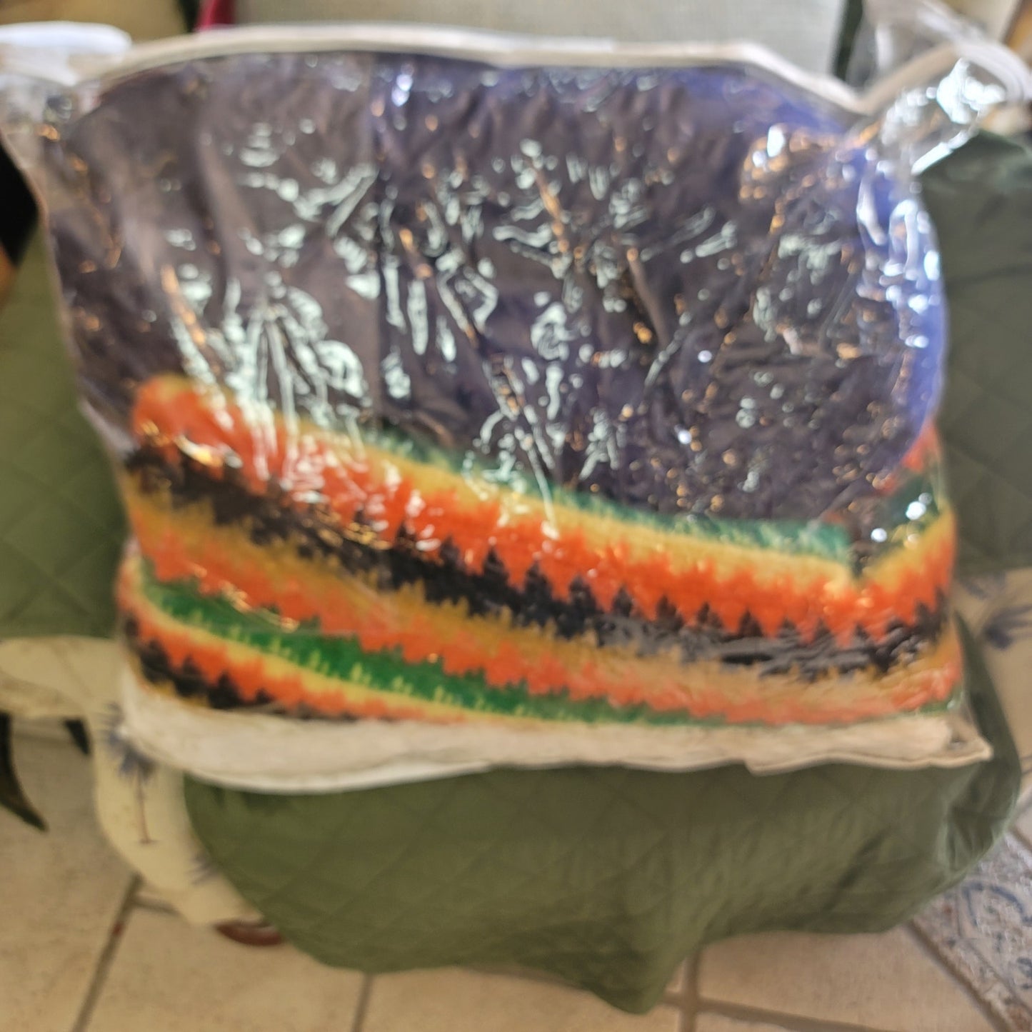 Handmade Wool throw 1970s FLAME Brown Yellow orange Green Gold CABIN 42" x 56"