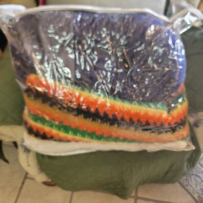 Handmade Wool throw 1970s FLAME Brown Yellow orange Green Gold CABIN 42" x 56"