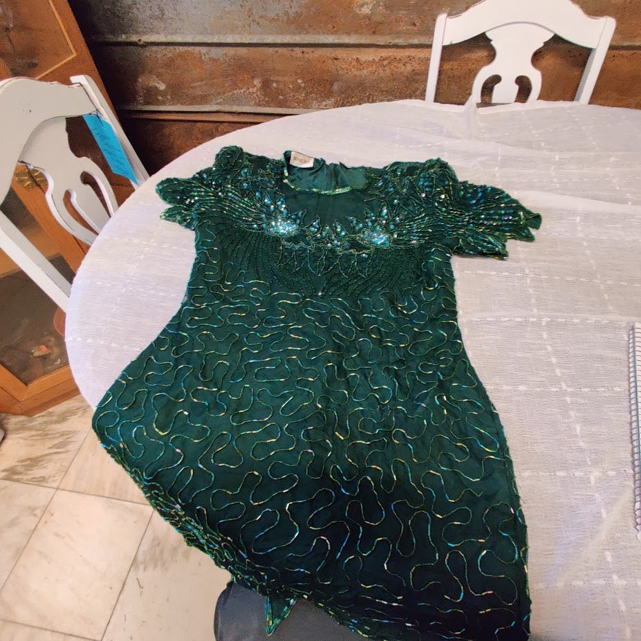 Vintage Denise Elle Sequin Beaded Scalloped Hem Sheath Dress Emerald Green Large