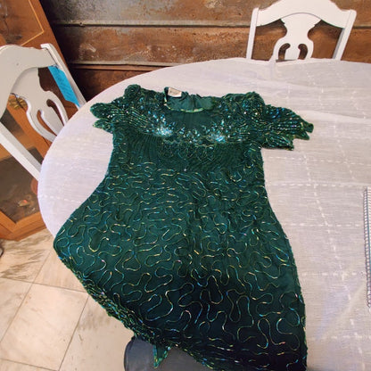 Vintage Denise Elle Sequin Beaded Scalloped Hem Sheath Dress Emerald Green Large