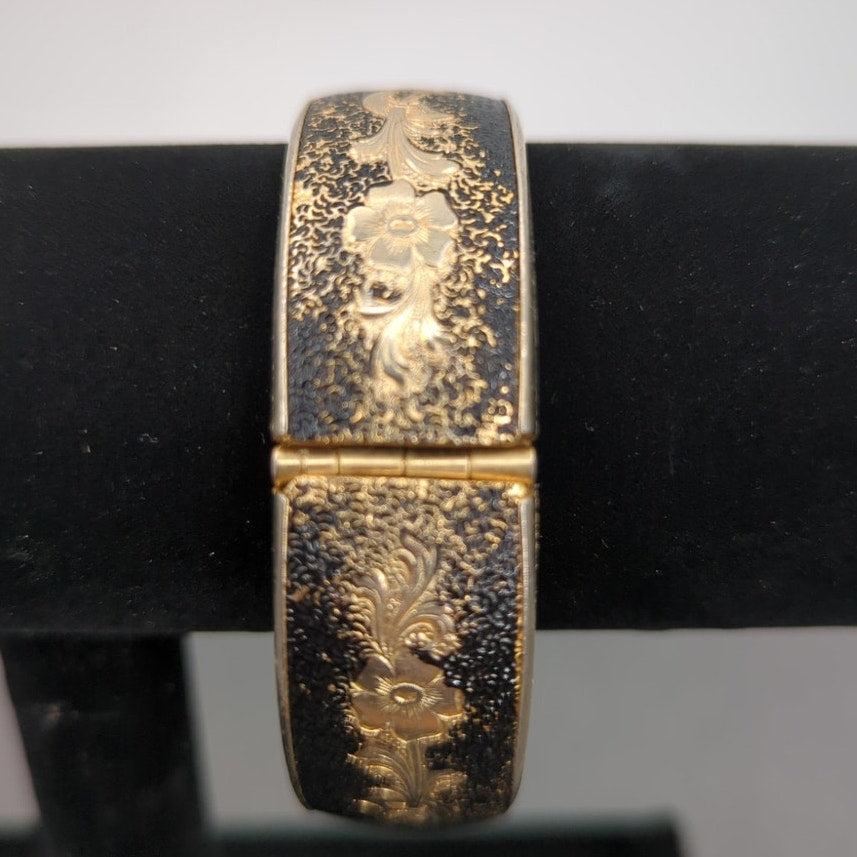 Vintage Fashion BRACELET Spanish Damascene Gold and Black Hinged Bangle