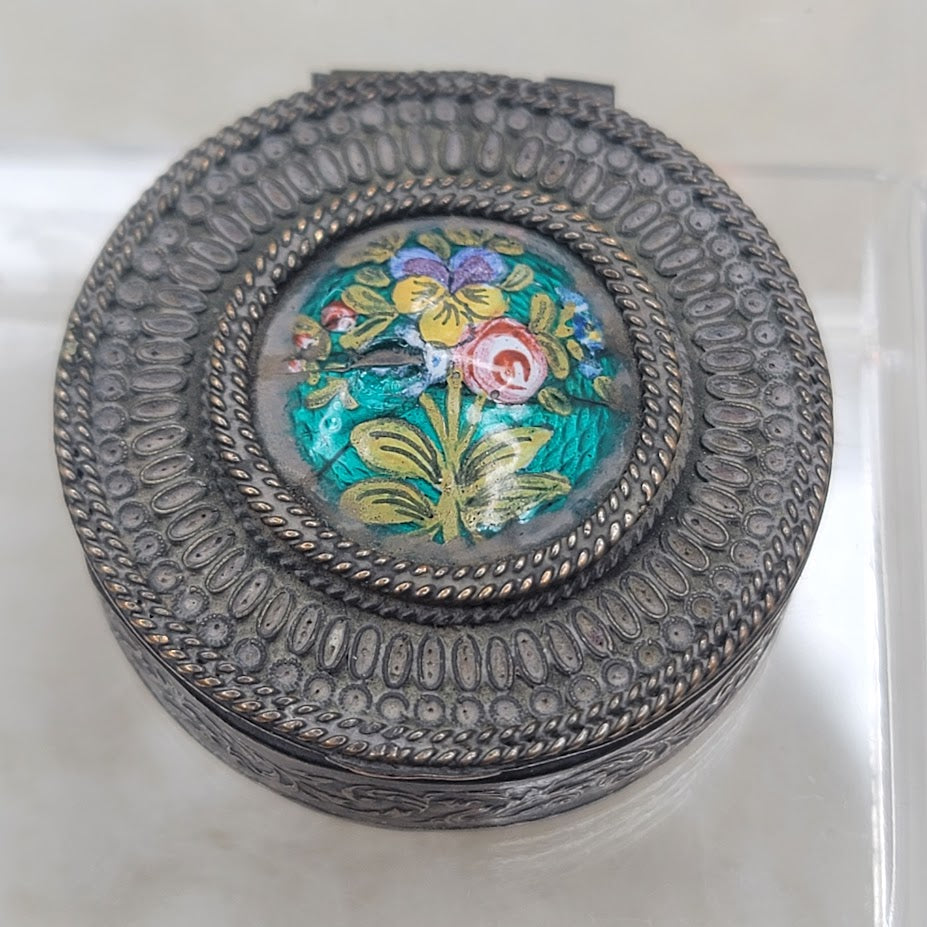 Antique French Filigree Metal & Guilloché Floral Enamel Box boudoir Pill snuff