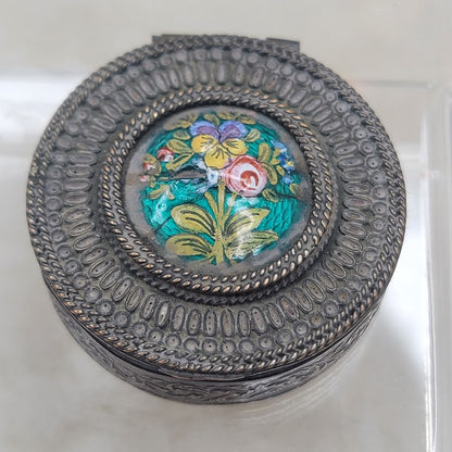 Antique French Filigree Metal & Guilloché Floral Enamel Box boudoir Pill snuff