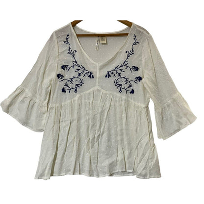 Forgotten Grace Embroidered Flare Sleeve Boho Pullover Top Size 1X in Ivory NWT