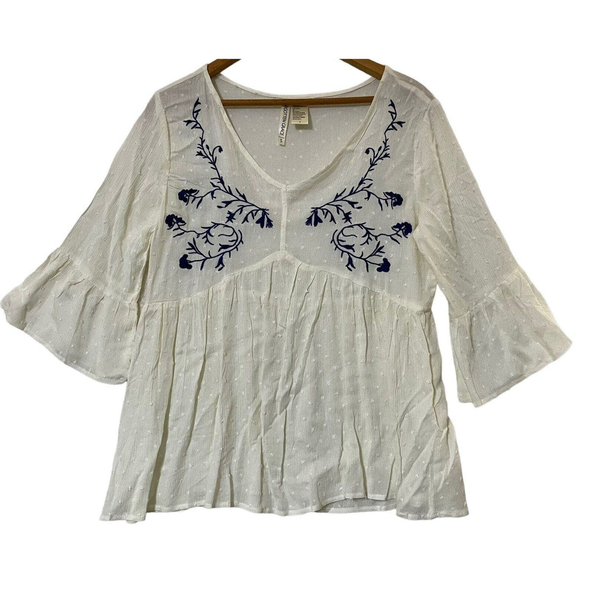 Forgotten Grace Embroidered Flare Sleeve Boho Pullover Top Size 1X in Ivory NWT