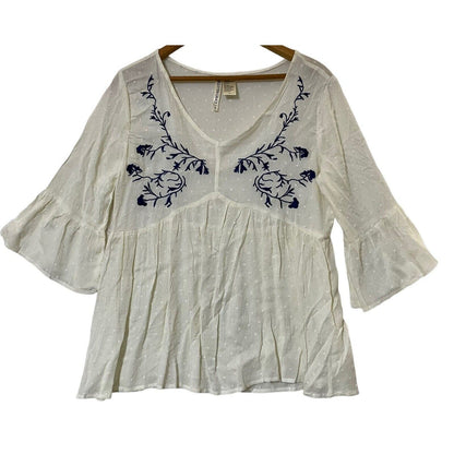 Forgotten Grace Embroidered Flare Sleeve Boho Pullover Top Size 1X in Ivory NWT