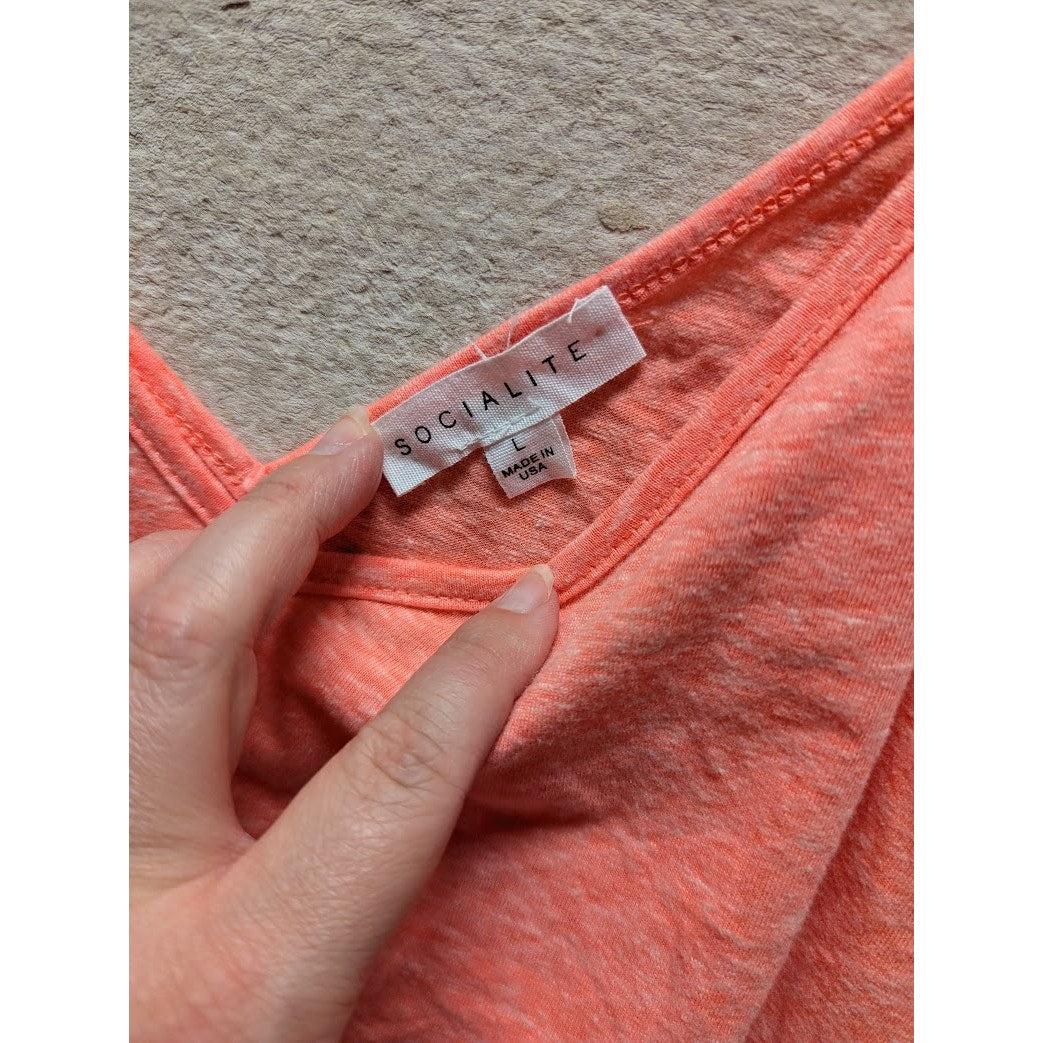 Socialite Double V-Neck Heathered Knit Tank Top in Neon Coral LARGE LAYERING