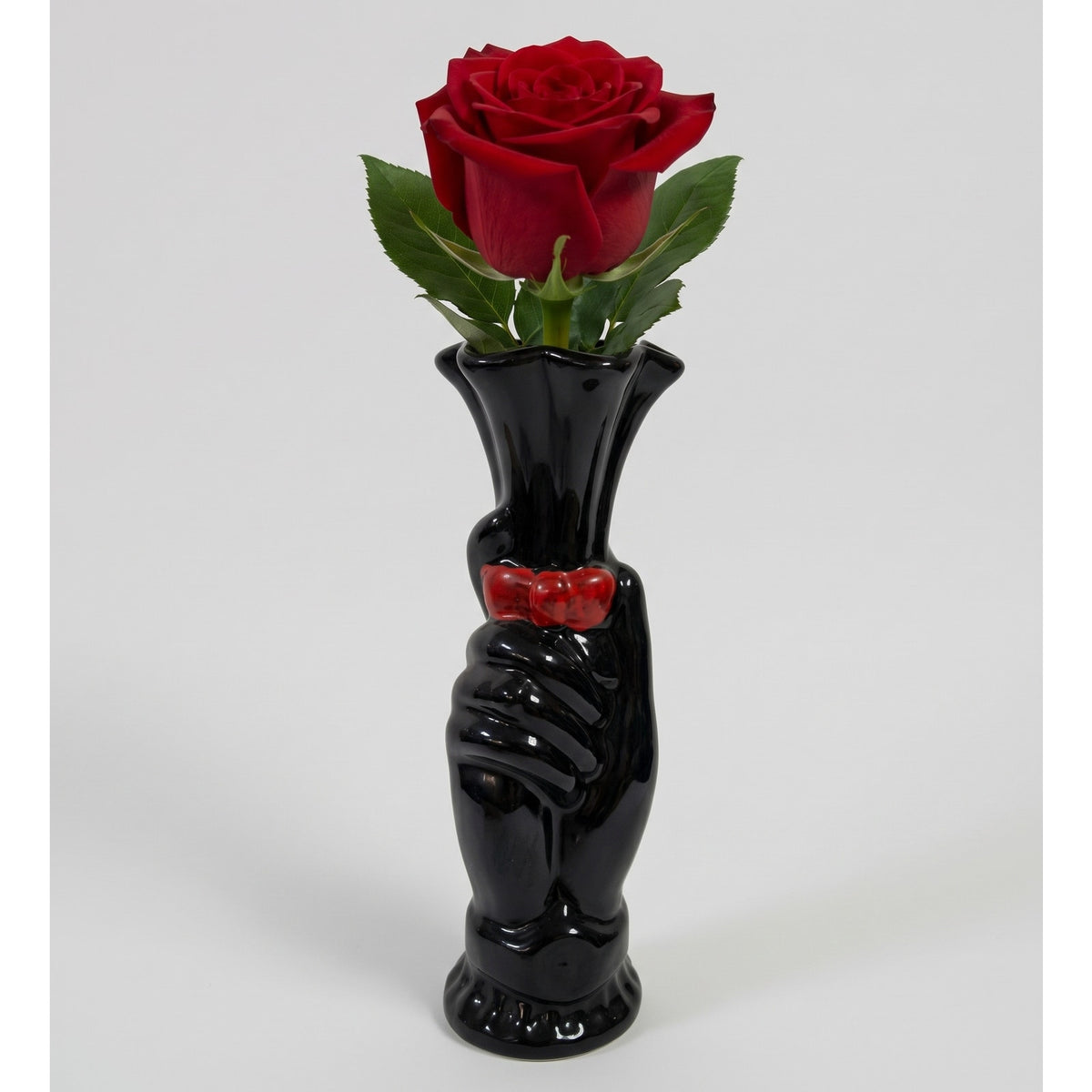 Vintage fluted black hand red bowtie tall vase Ceramic 9" tall