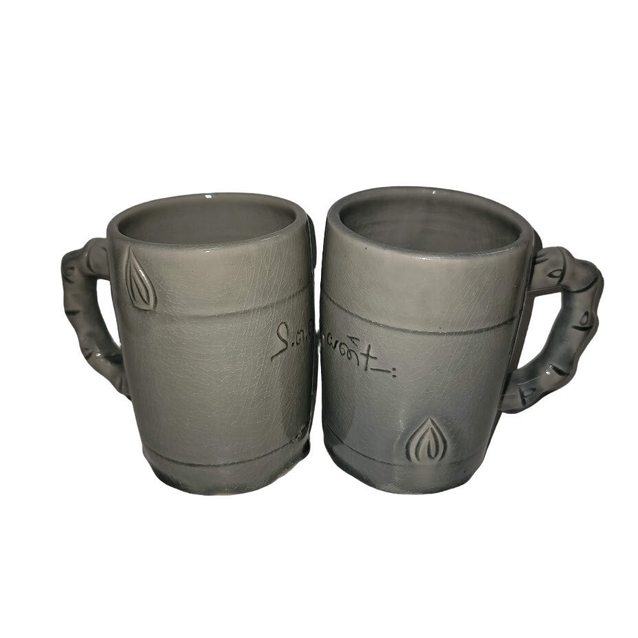 Handmade tall gray Pair of art pottery cups mugs Signed stamped coffee tea
