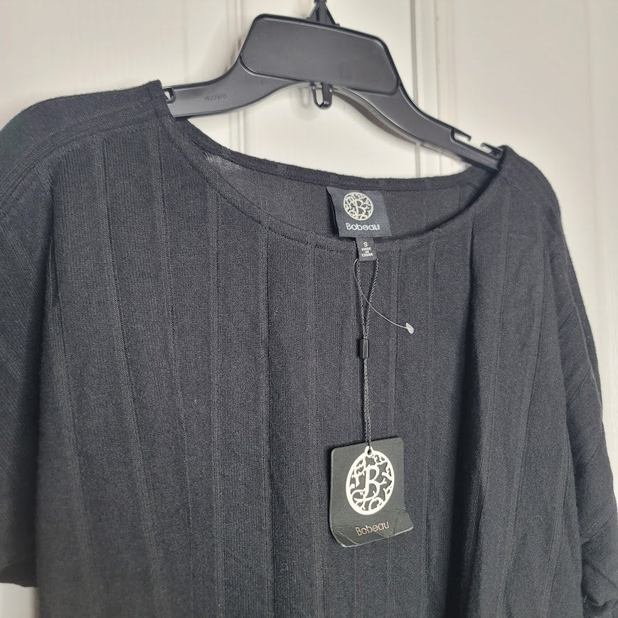 Bobeau Small black top blouse round hem tie sleeves stripes casual round neck
