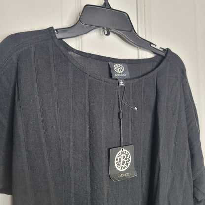 Bobeau Small black top blouse round hem tie sleeves stripes casual round neck