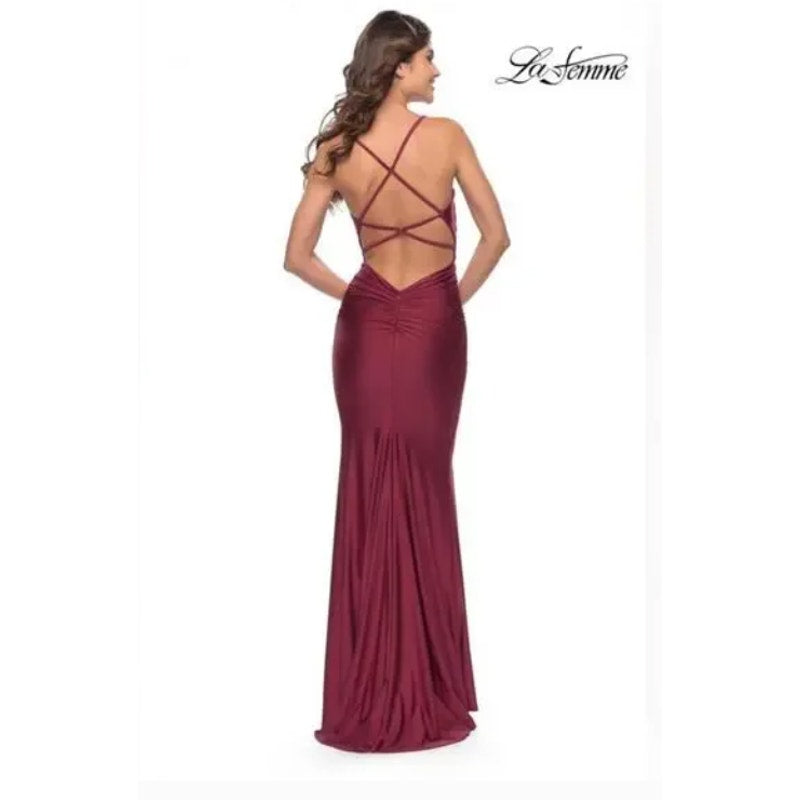 La Femme 27501 Burgundy Ruched Jersey Strappy Back Prom Gown Size 6