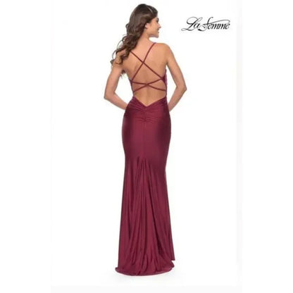 La Femme 27501 Burgundy Ruched Jersey Strappy Back Prom Gown Size 6