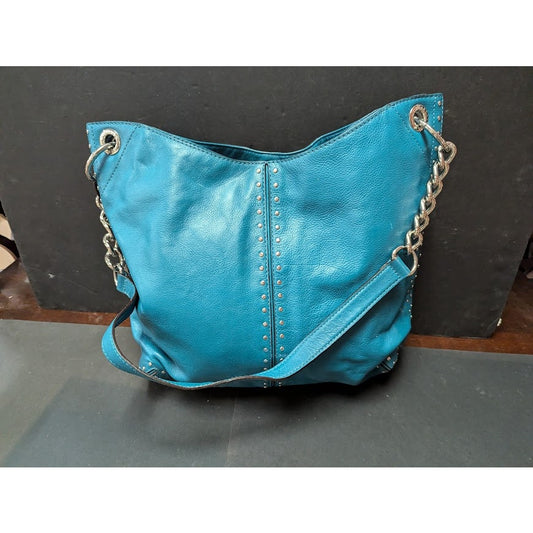 Michael Kors bucket boho Purse bag Chain Handle Strap leather Teal PreOwned