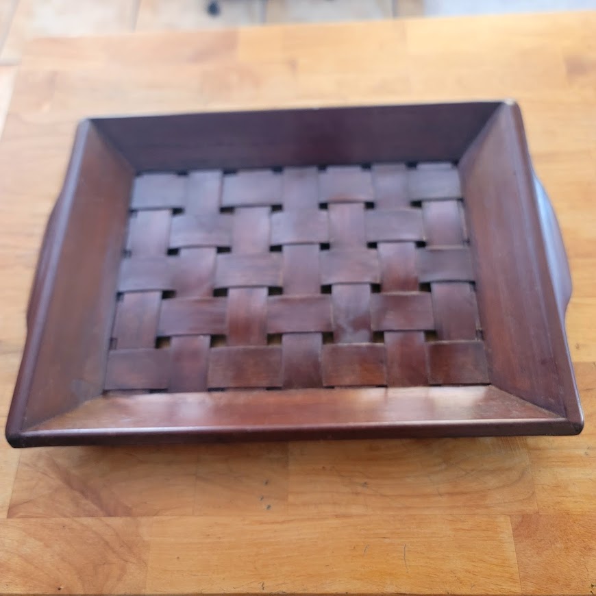 Vintage Large Wood Lattice Basketweave Serving Tray MCM Rectangular 21" x 14"