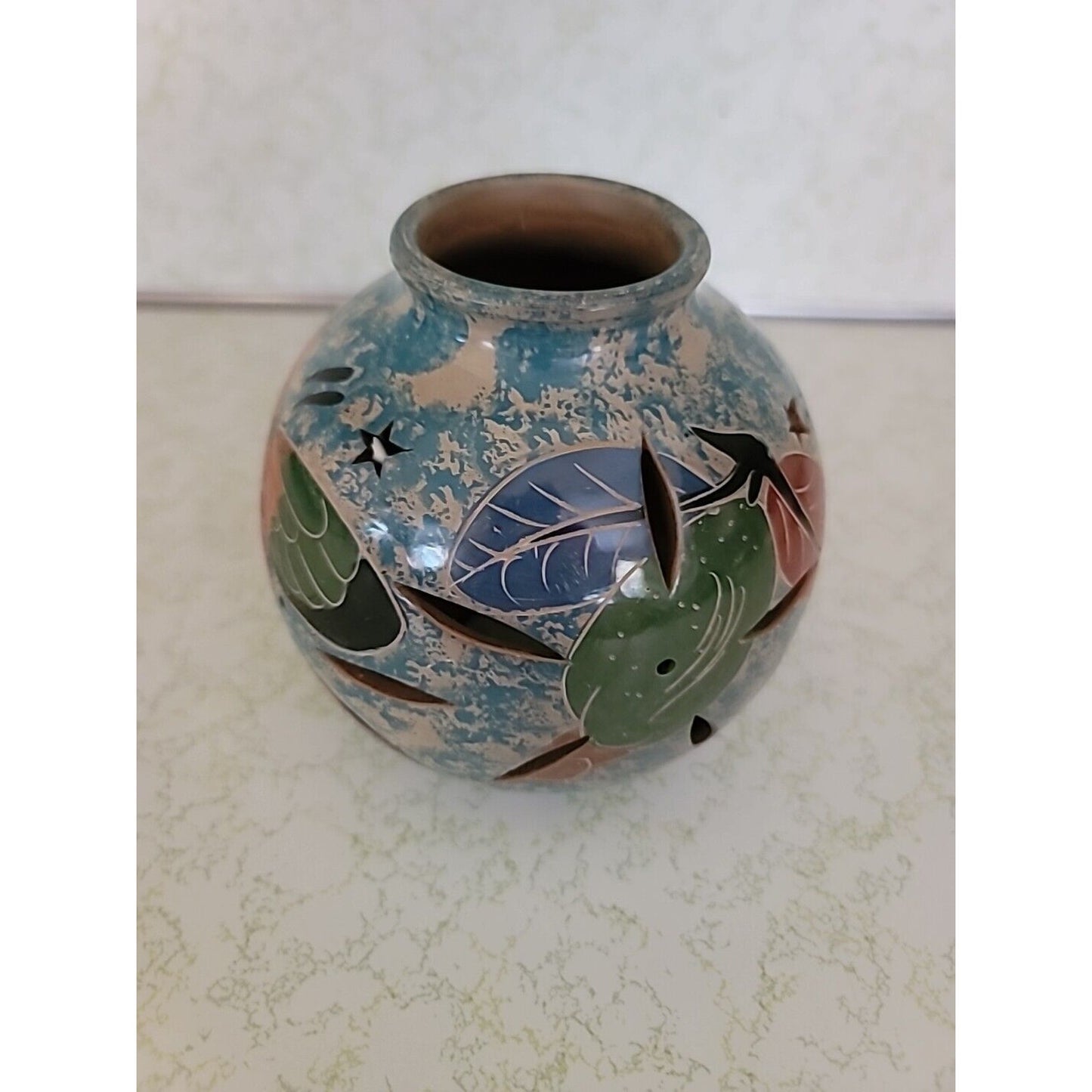 Vintage Tealight Candle Holder Luminary Pottery Hand Painted Hummingbird Flower