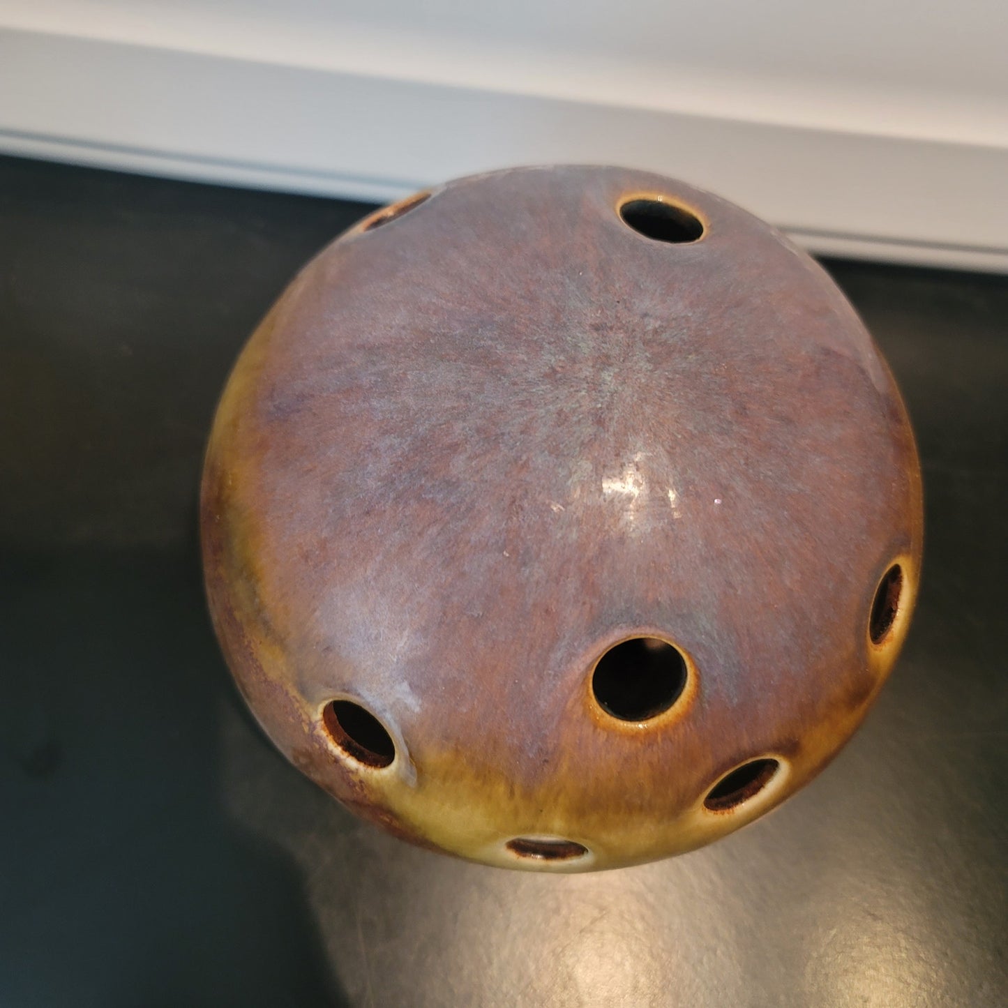 Vintage Ikebana vase orb sphere Ceramic brown glaze Approx. 7" Art Pottery