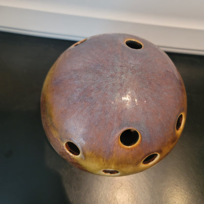 Vintage Ikebana vase orb sphere Ceramic brown glaze Approx. 7" Art Pottery