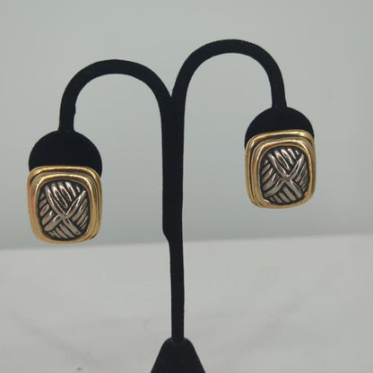 Vintage Two-Tone Mixed Metal Basketweave Door Knocker Clip On Earrings Glamour