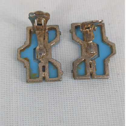 Vintage Mid Century Blue Geometric Zig Zag Clip On Earrings Retro Mod Statement
