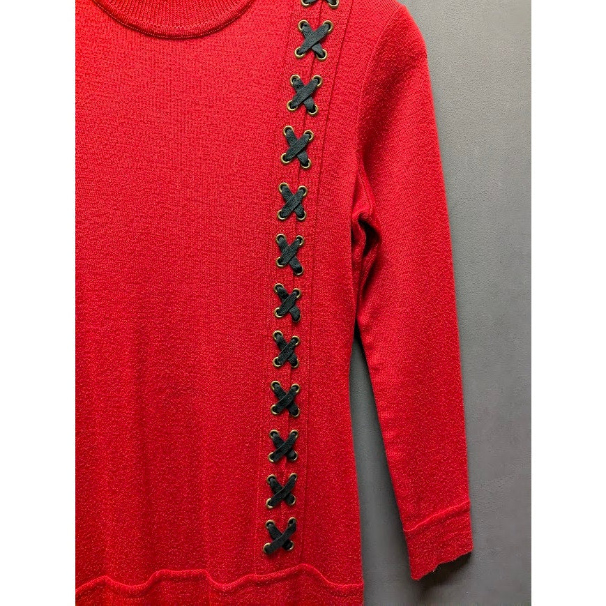 Vintage Red Knit Drop Waist Sweater Dress Black Grommet X Detail Large Retro
