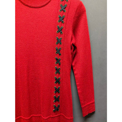 Vintage Red Knit Drop Waist Sweater Dress Black Grommet X Detail Large Retro