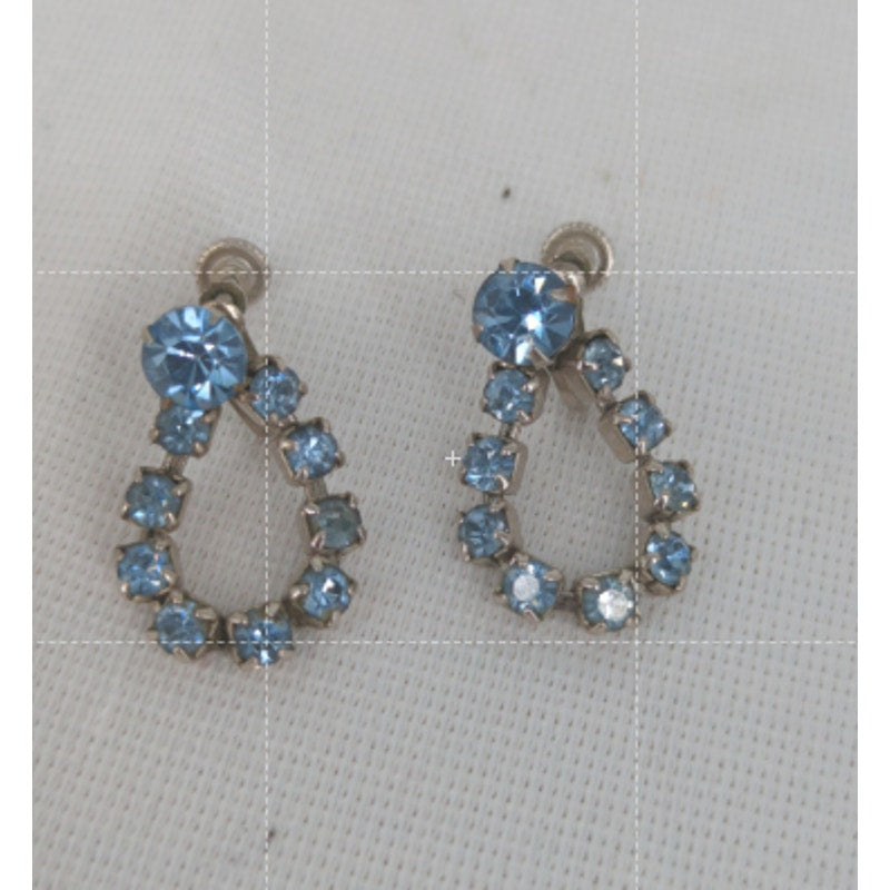 Vintage Blue Rhinestone Silvertone Loop Dangle Screw back Earrings Subtle