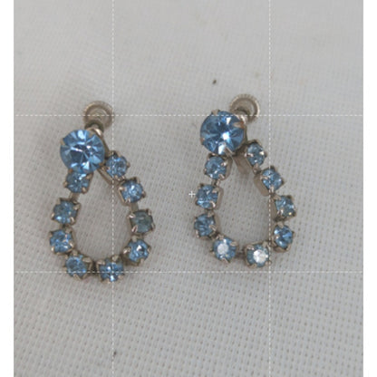 Vintage Blue Rhinestone Silvertone Loop Dangle Screw back Earrings Subtle