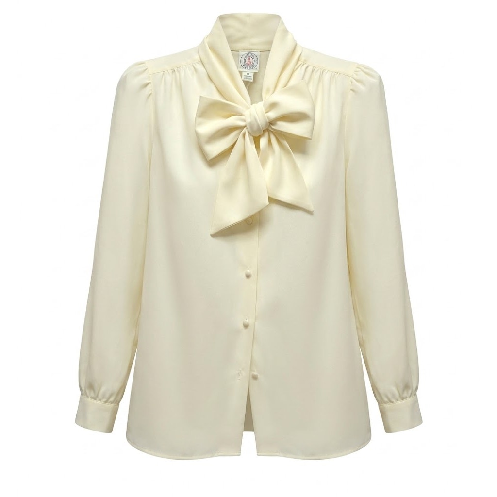 Vintage J.G. Hook Cream Blouse Bow Neck Long Sleeve Preppy Light Academia 10
