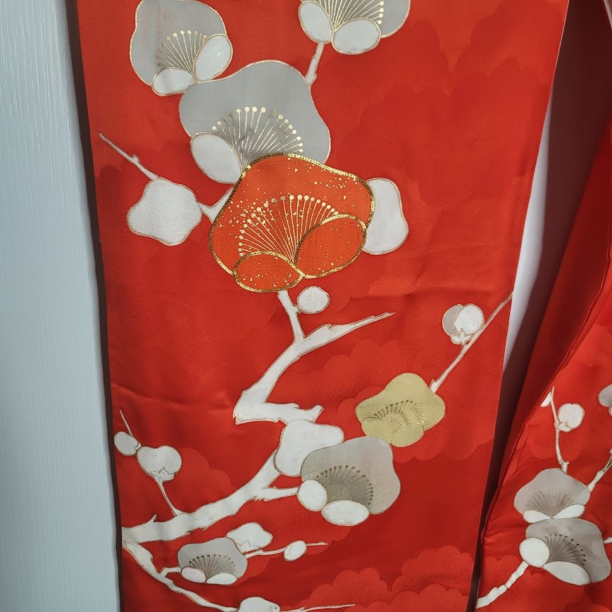 Vintage Silk Furisode (long sleeve) Kimono Robe Orange Gold Red Plum Blossom