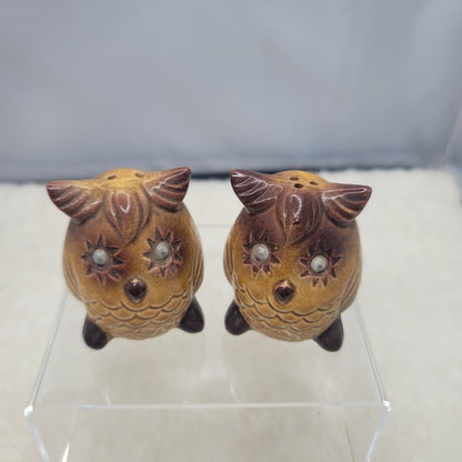 Pair Vintage Japan Brown Googly Eye Salt Pepper Shaker Collectible Kitsch OWLS