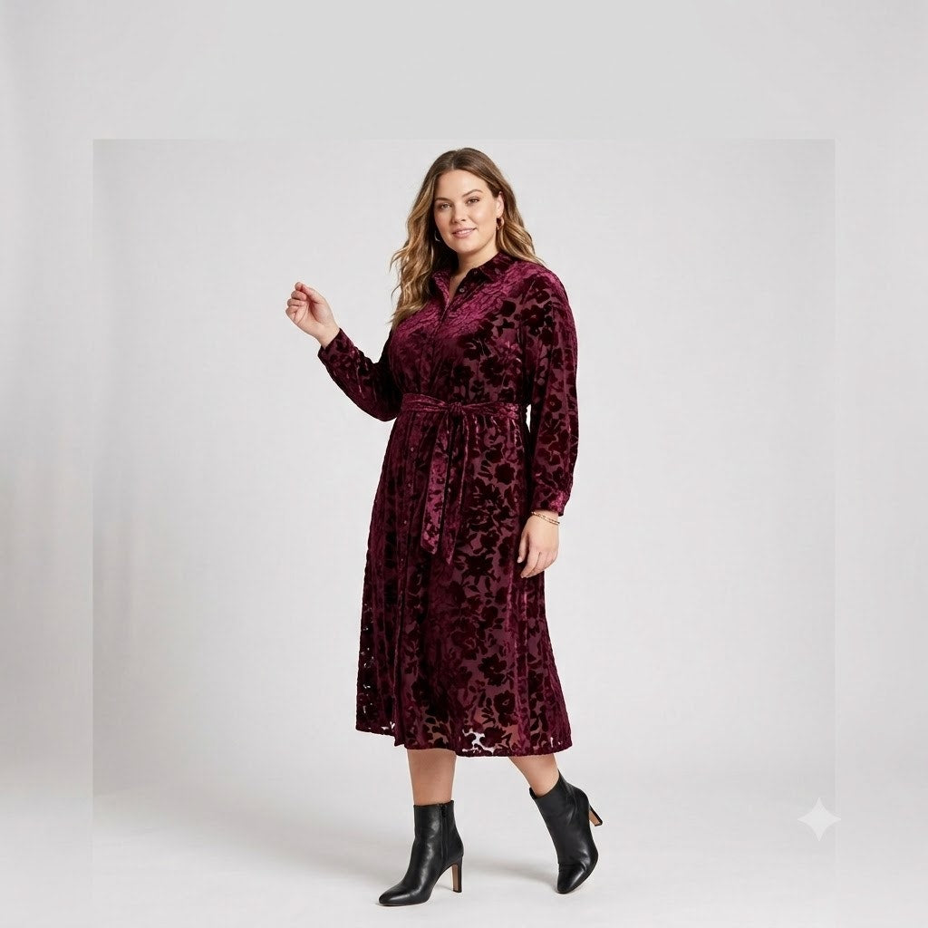 Alfani Velvet Burnout Belt Shirt dress Malbec Wine Size 16 Long Sleeve NEW $130