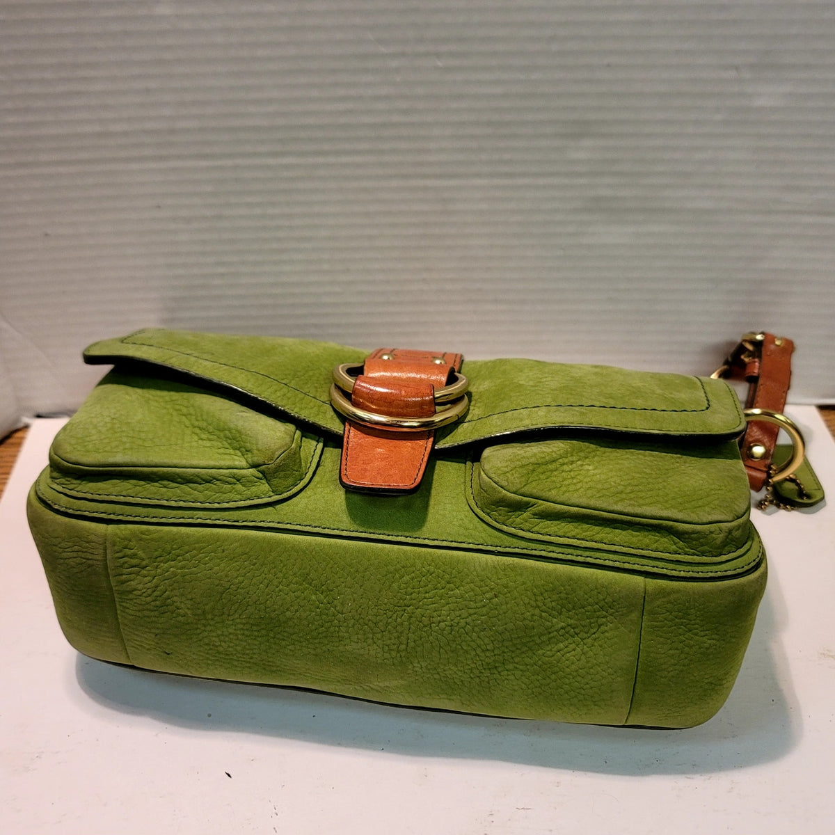 COACH Chelsea Y2K W Green Shoulder Bag Suede Carmel Leather Vintage Flap Front