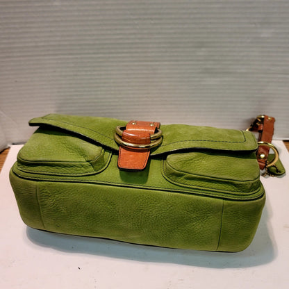 COACH Chelsea Y2K W Green Shoulder Bag Suede Carmel Leather Vintage Flap Front