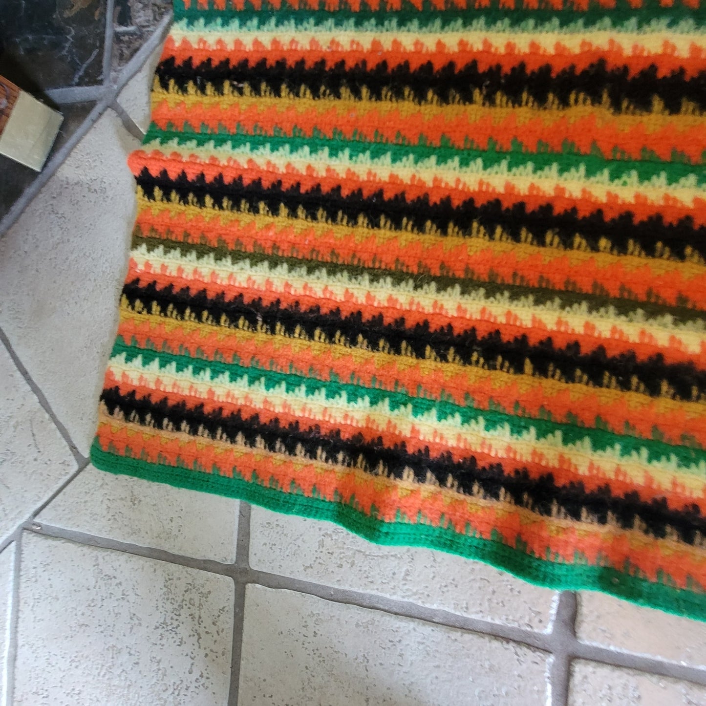 Handmade Wool throw 1970s FLAME Brown Yellow orange Green Gold CABIN 42" x 56"