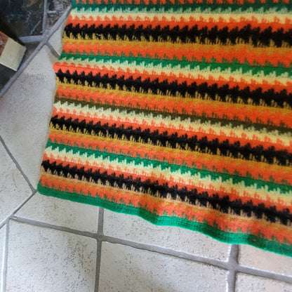 Handmade Wool throw 1970s FLAME Brown Yellow orange Green Gold CABIN 42" x 56"