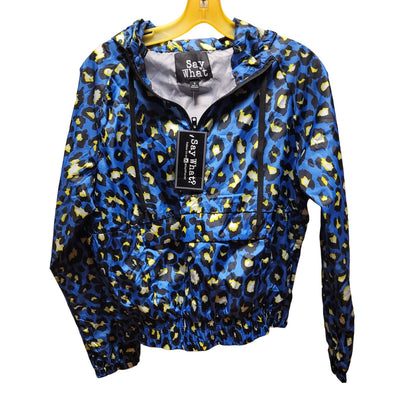 Say What?  Blue Yellow Leopard Jacket windbreaker Small Travel Packable NEW