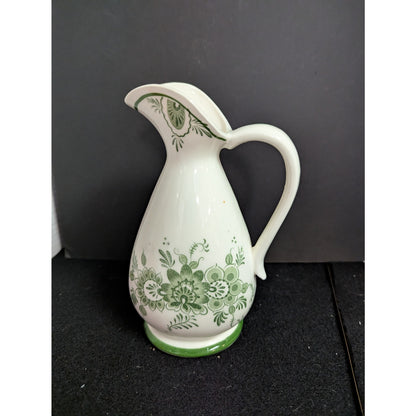 Vintage Hand Painted Green Floral Ceramic Pitcher Vase Japan